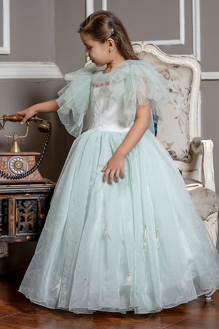 Green Organza & Satin Sequins Embroidered Gown For Girls by Darleen Kids Couture at Pernia's Pop Up Shop