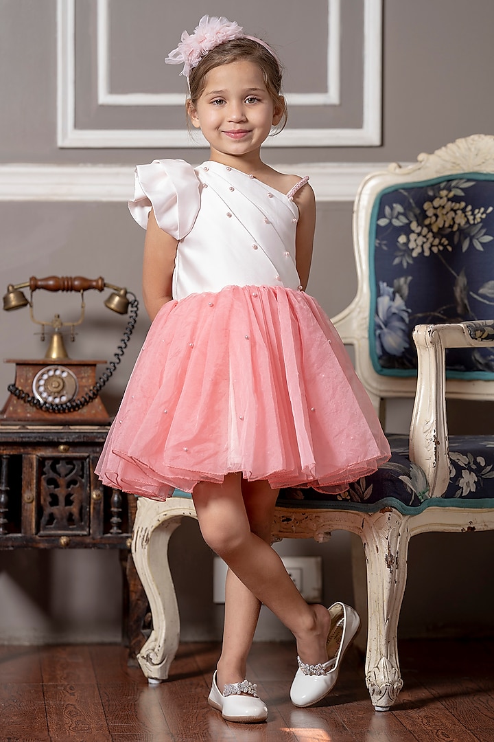 White & Pink Organza Pearls Embroidered Dress For Girls by Darleen Kids Couture at Pernia's Pop Up Shop