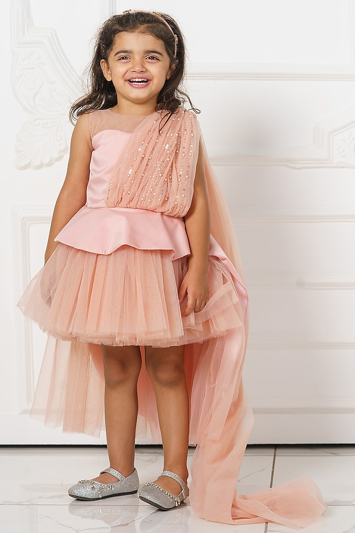 Peach Milano Satin & Net Sequins Embroidered Dress For Girls by Darleen Kids Couture at Pernia's Pop Up Shop