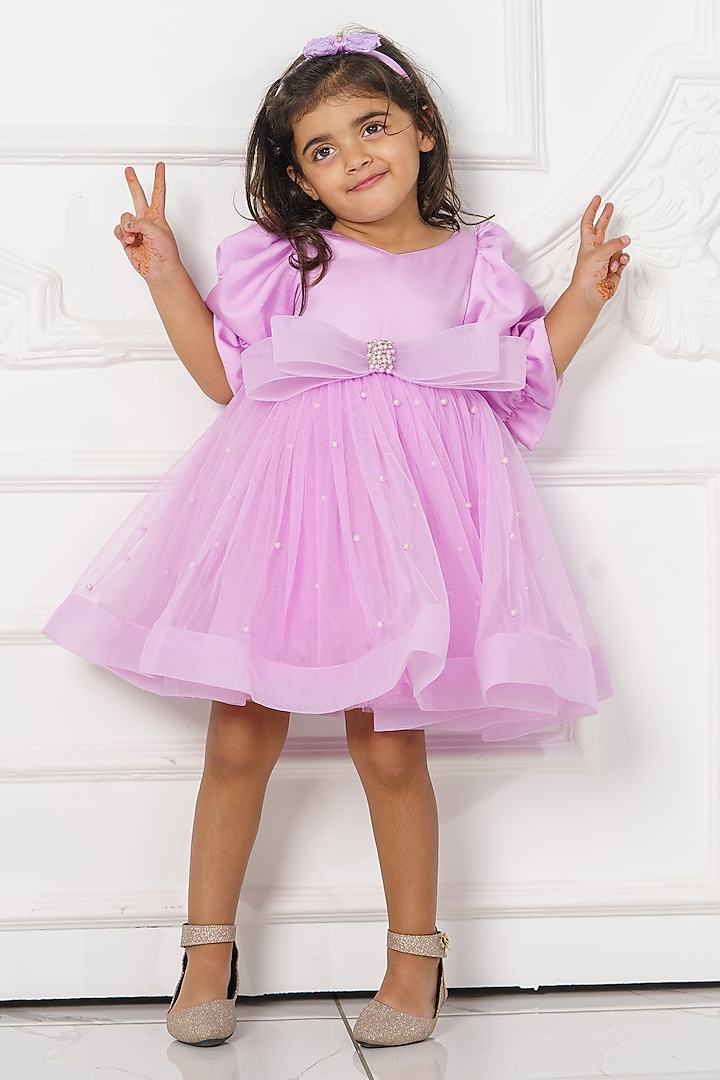 Purple Satin & Net Pearls Embroidered Dress For Girls by Darleen Kids Couture at Pernia's Pop Up Shop