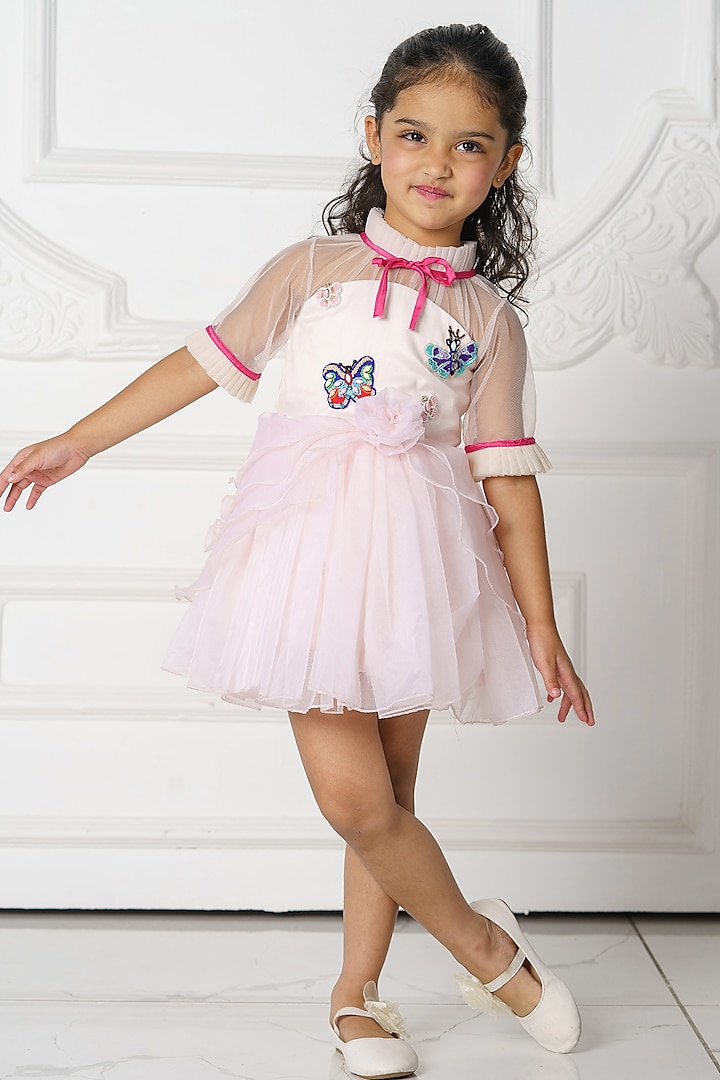 Blush Pink Organza & Net Motif Hand Embroidered Dress For Girls by Darleen Kids Couture at Pernia's Pop Up Shop