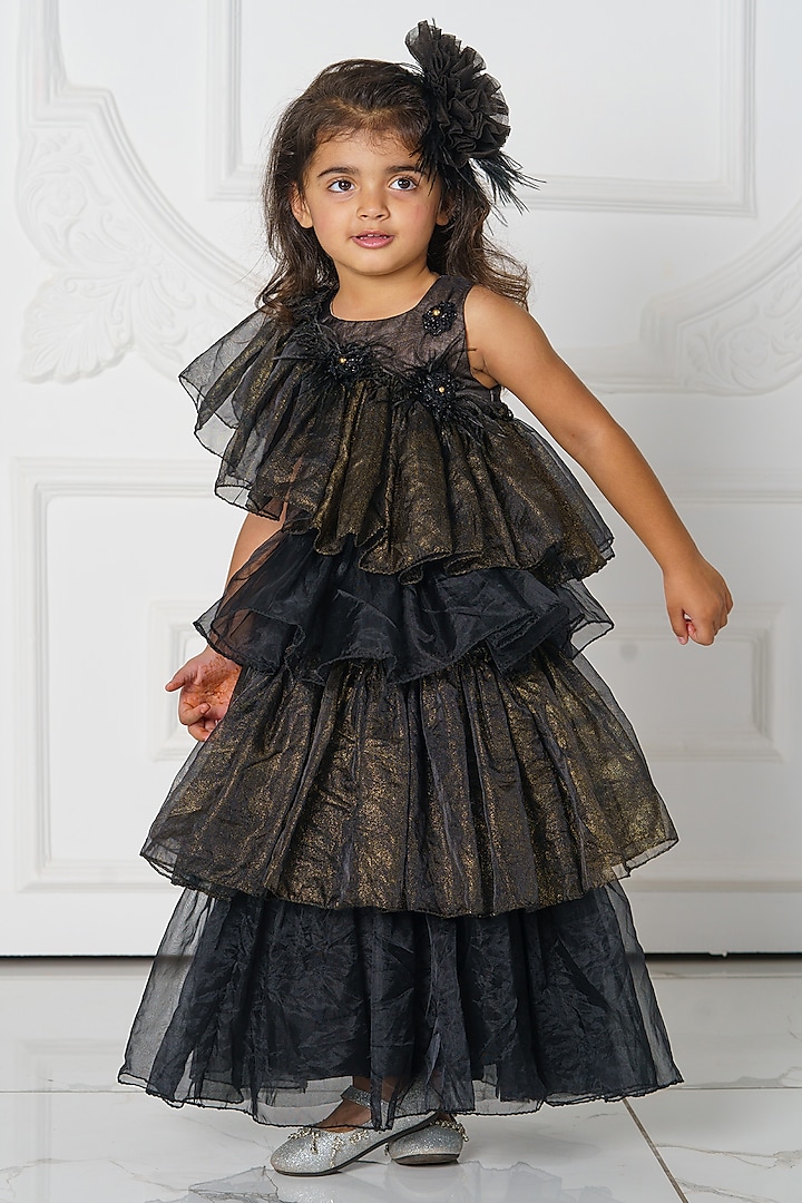 Black Organza Hand Embroidered Dress For Girls by Darleen Kids Couture