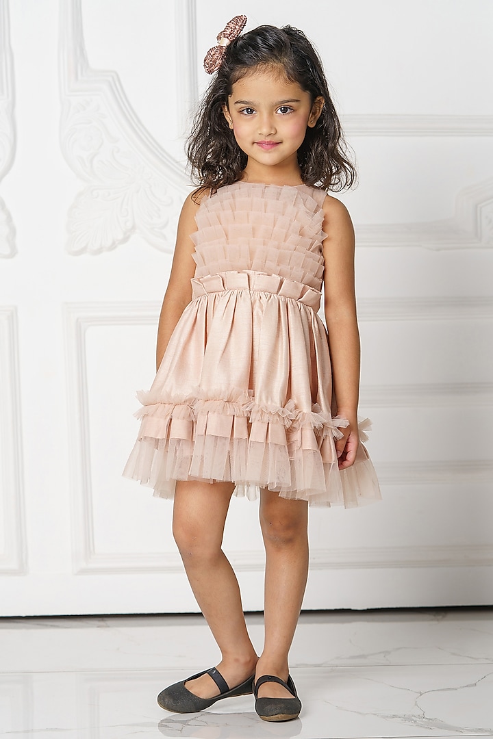 Nude Peach Silk Dress For Girls by Darleen Kids Couture at Pernia's Pop Up Shop