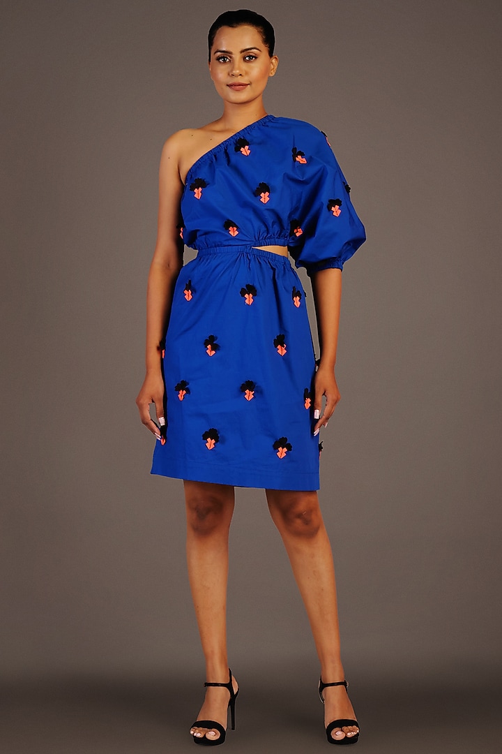 Blue Cotton One Shoulder Dress by Deepika Arora