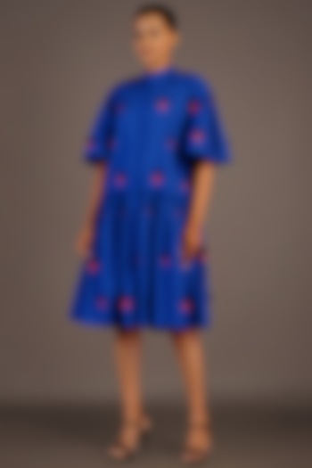 Blue Cotton Ruffled Zipper Dress by Deepika Arora
