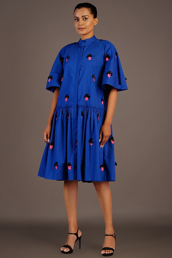 Blue Cotton Ruffled Zipper Dress by Deepika Arora