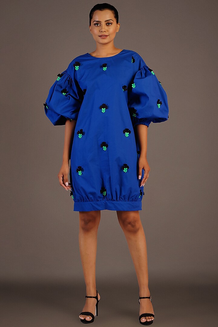 Blue Cotton Mini Dress by Deepika Arora