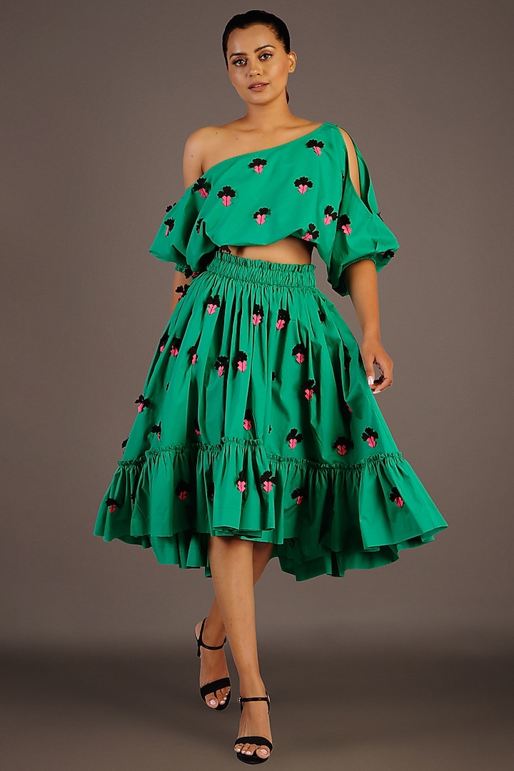 Green Cotton Skirt Set by Deepika Arora