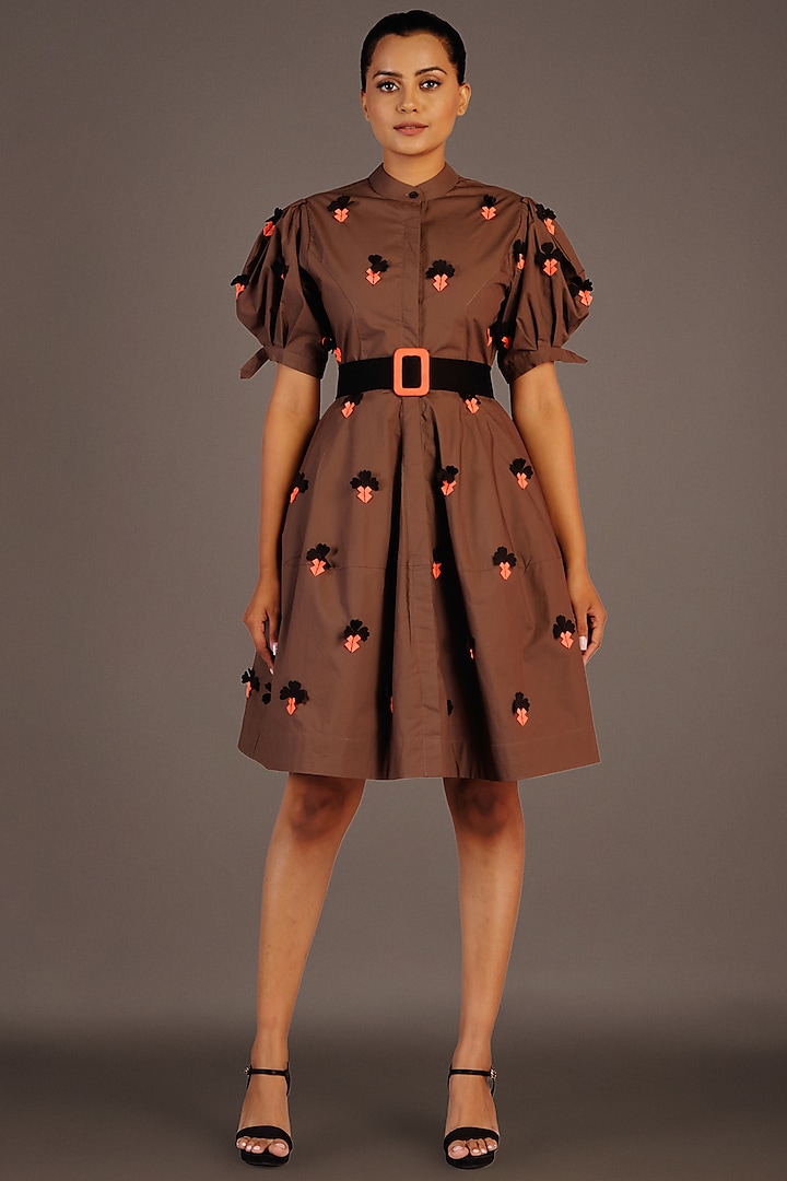 Brown Cotton A-Line Dress by Deepika Arora