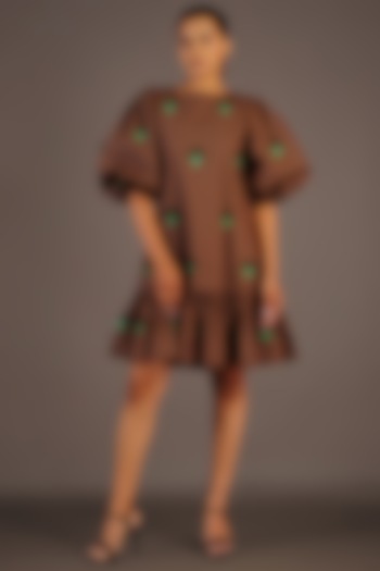 Brown Cotton Ruffled Mini Dress by Deepika Arora