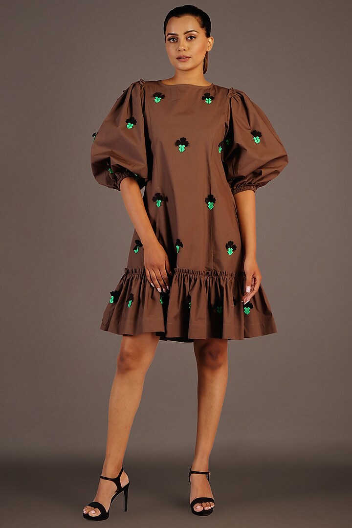Brown Cotton Ruffled Mini Dress by Deepika Arora