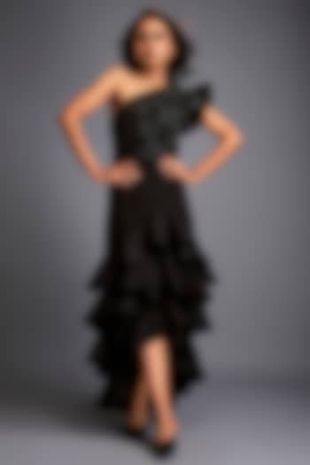 Black Scuba Hand Embroidered One-Shoulder Cocktail Dress by Deepika Arora at Pernia's Pop Up Shop