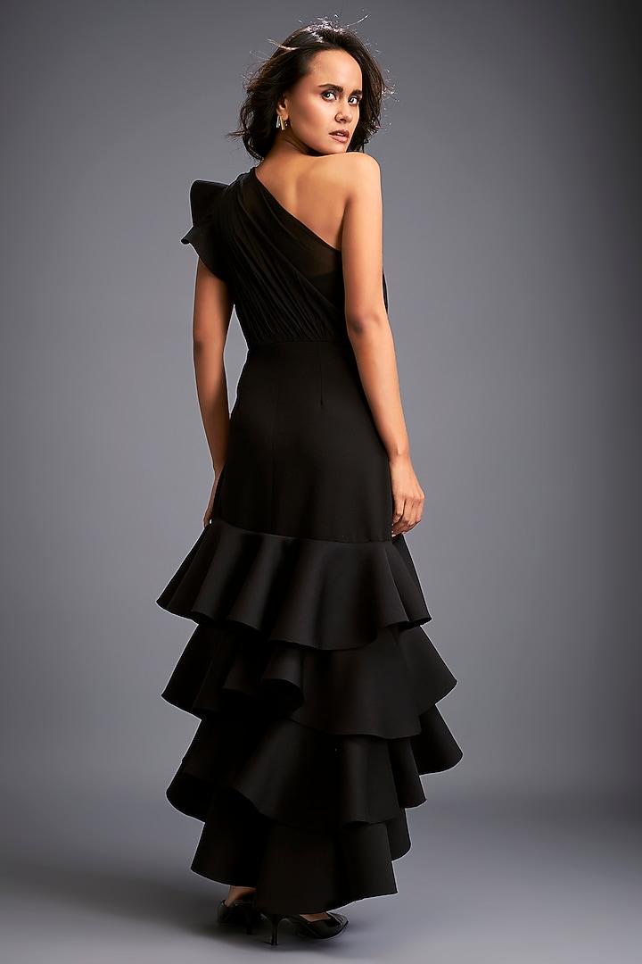 Black Scuba Hand Embroidered One-Shoulder Cocktail Dress by Deepika Arora at Pernia's Pop Up Shop
