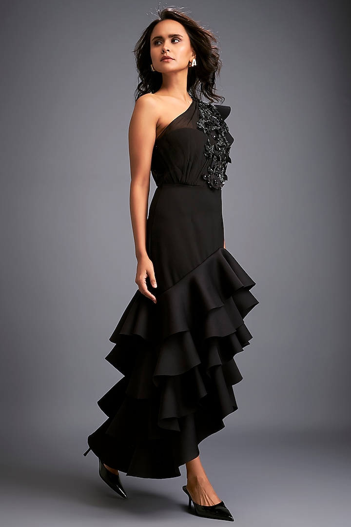 Black Scuba Hand Embroidered One-Shoulder Cocktail Dress by Deepika Arora at Pernia's Pop Up Shop