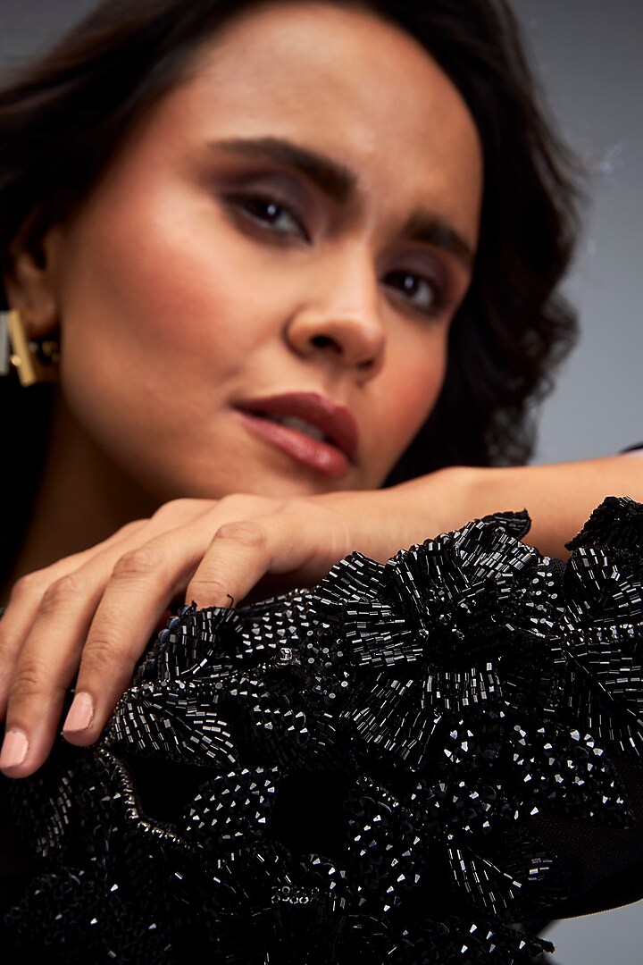Black Twill Hand Embroidered Co-Ord Set by Deepika Arora at Pernia's Pop Up Shop