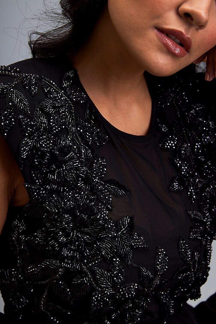 Black Taffeta Hand Embroidered Co-Ord Set by Deepika Arora at Pernia's Pop Up Shop