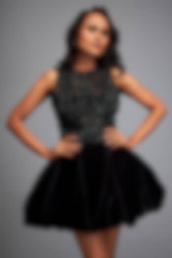 Black Leather & Velvet Hand Embroidered Co-Ord Set by Deepika Arora at Pernia's Pop Up Shop