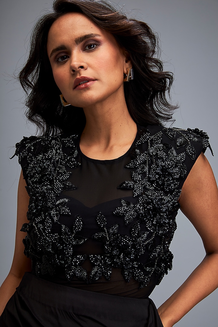 Black Taffeta Embellished Co-Ord Set by Deepika Arora at Pernia's Pop Up Shop