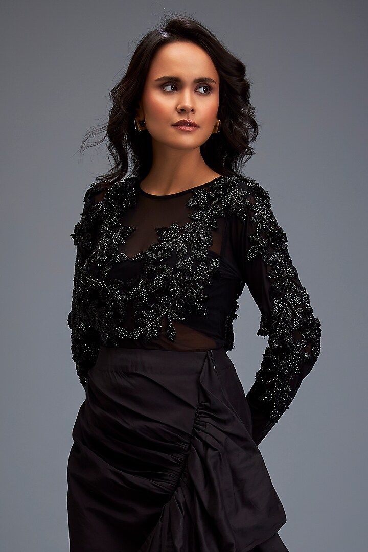 Black Taffeta Hand Embroidered Co-Ord Set by Deepika Arora at Pernia's Pop Up Shop