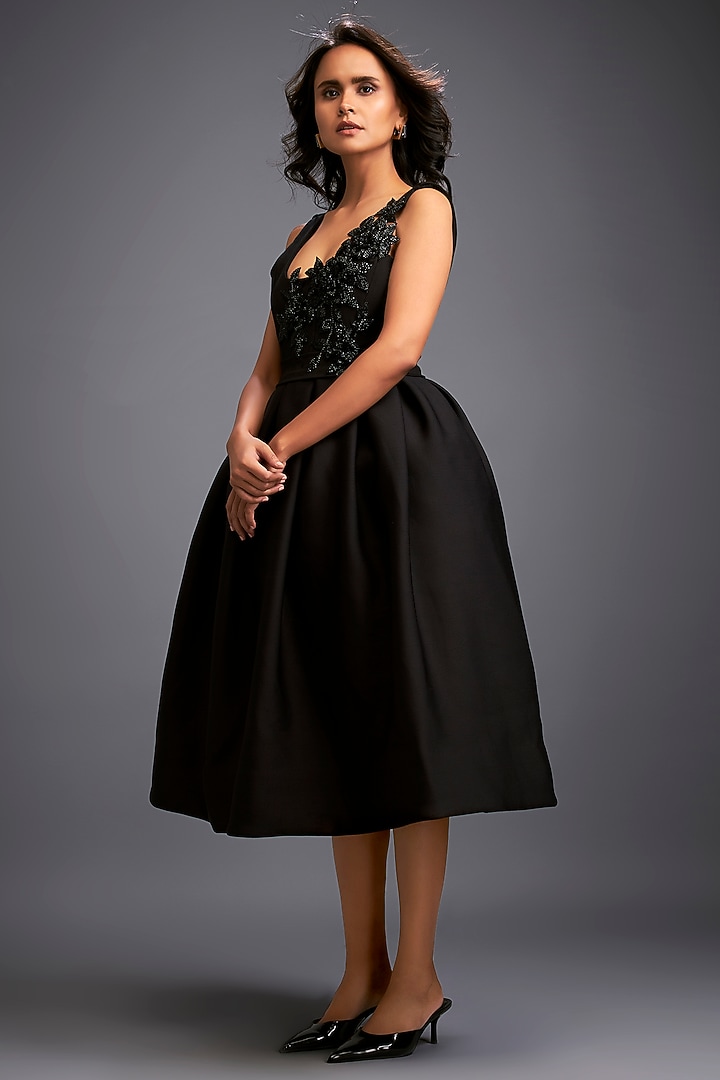 Black Scuba Hand Embroidered Cocktail Dress by Deepika Arora at Pernia's Pop Up Shop