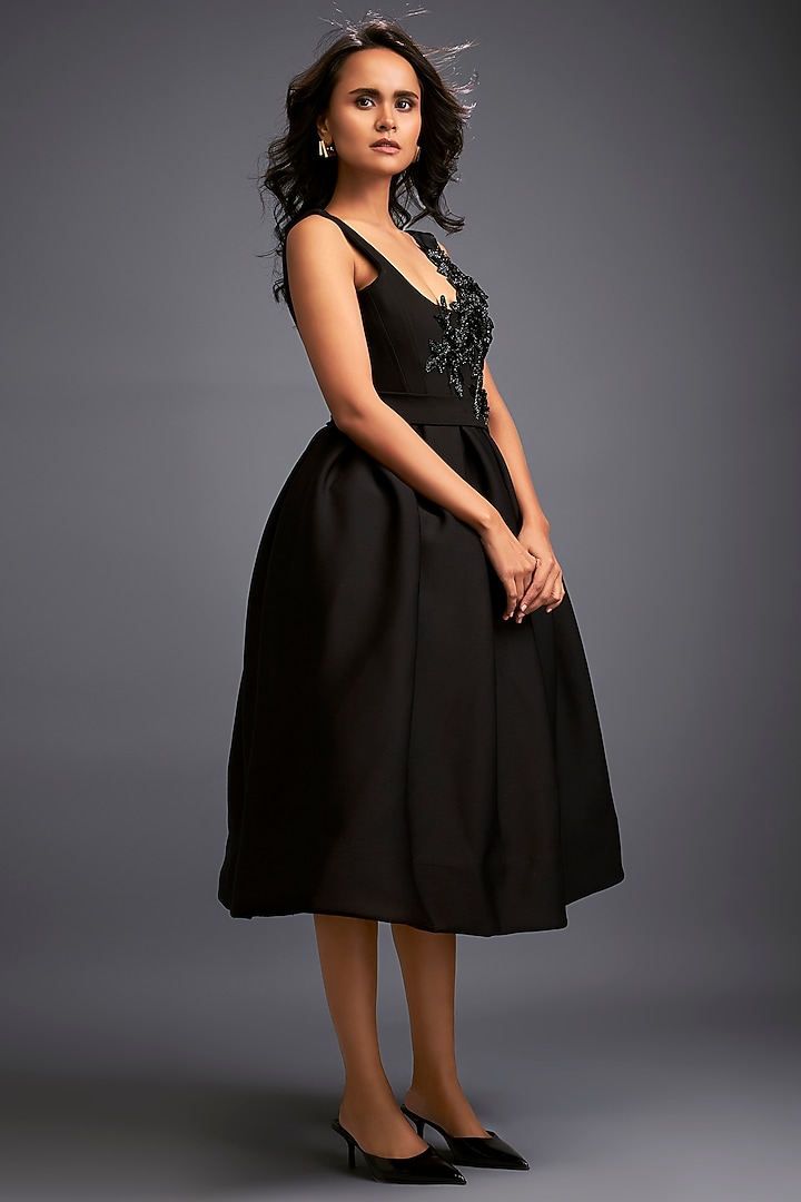 Black Scuba Hand Embroidered Cocktail Dress by Deepika Arora at Pernia's Pop Up Shop