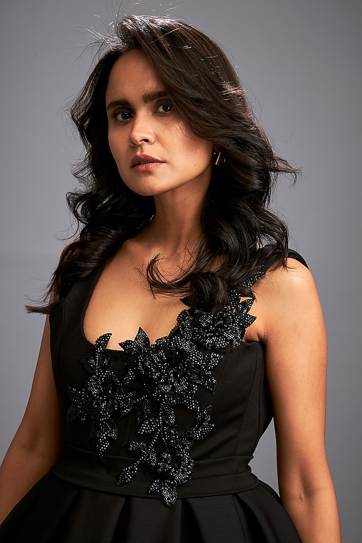 Black Scuba Hand Embroidered Cocktail Dress by Deepika Arora at Pernia's Pop Up Shop