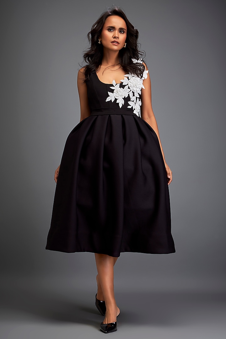 Black & White Scuba Hand Embroidered Cocktail Dress by Deepika Arora at Pernia's Pop Up Shop