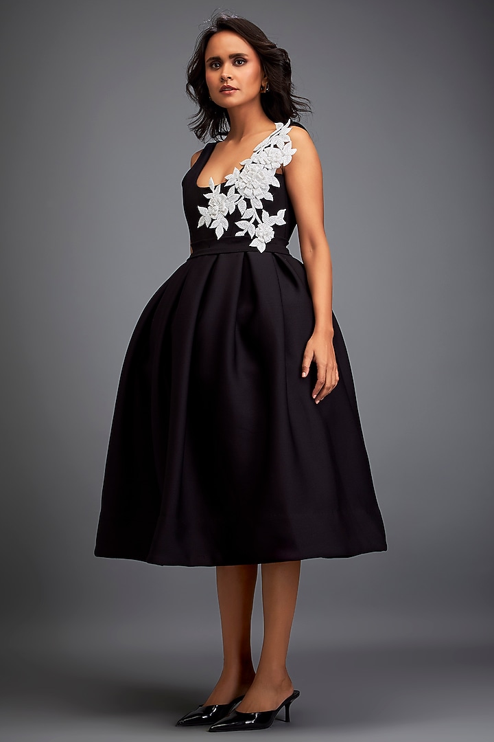 Black & White Scuba Hand Embroidered Cocktail Dress by Deepika Arora at Pernia's Pop Up Shop