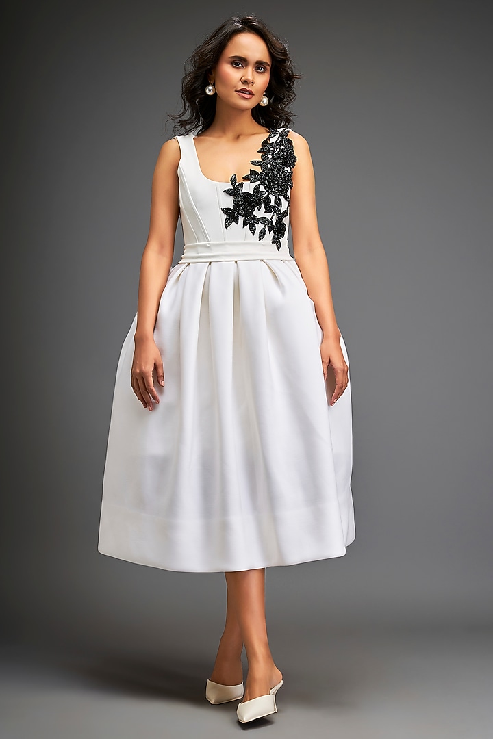 White Scuba Hand Embroidered Cocktail Dress by Deepika Arora at Pernia's Pop Up Shop
