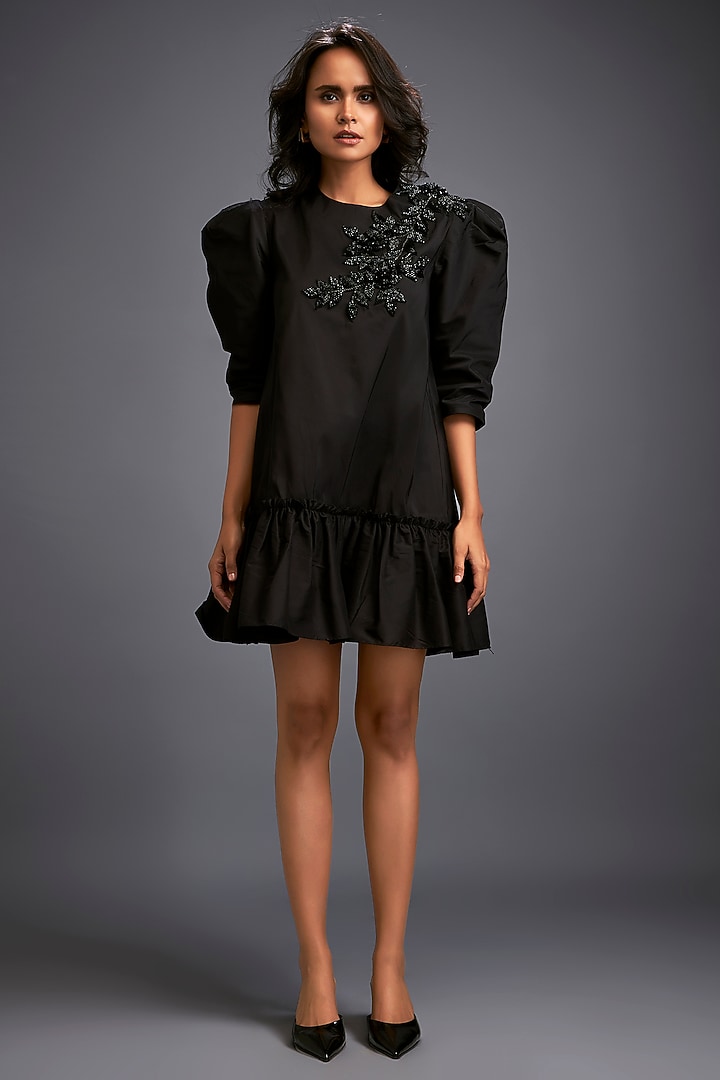 Black Taffeta Embroidered Vacation Dress by Deepika Arora at Pernia's Pop Up Shop