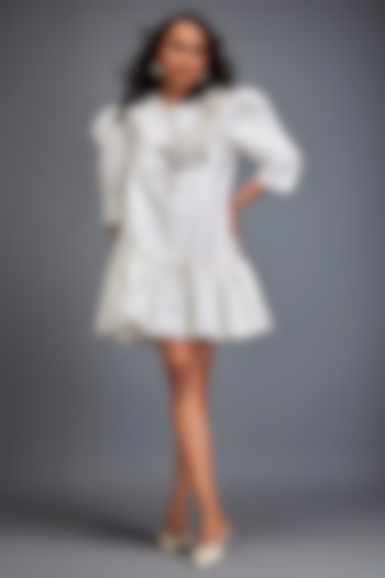 White Taffeta Embroidered Vacation Dress by Deepika Arora at Pernia's Pop Up Shop