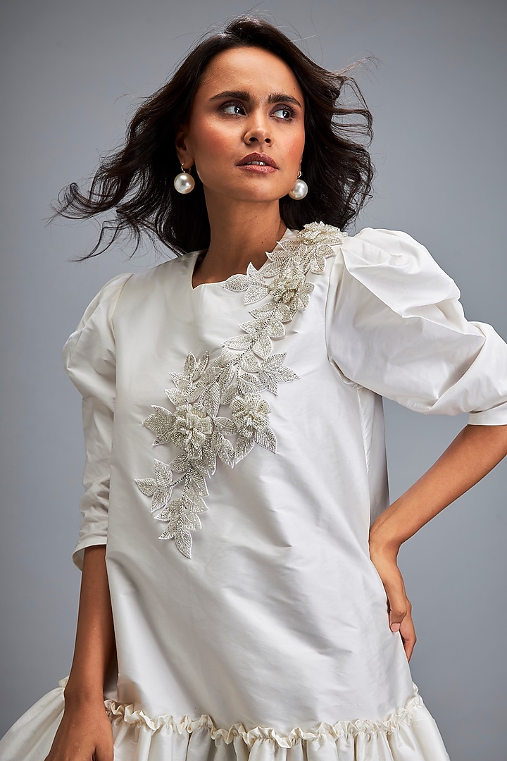 White Taffeta Embroidered Vacation Dress by Deepika Arora at Pernia's Pop Up Shop