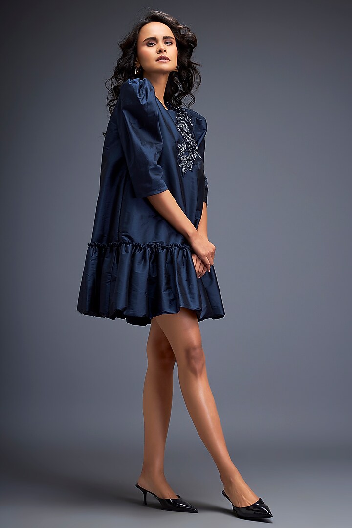 Blue Taffeta Embroidered Vacation Dress by Deepika Arora at Pernia's Pop Up Shop