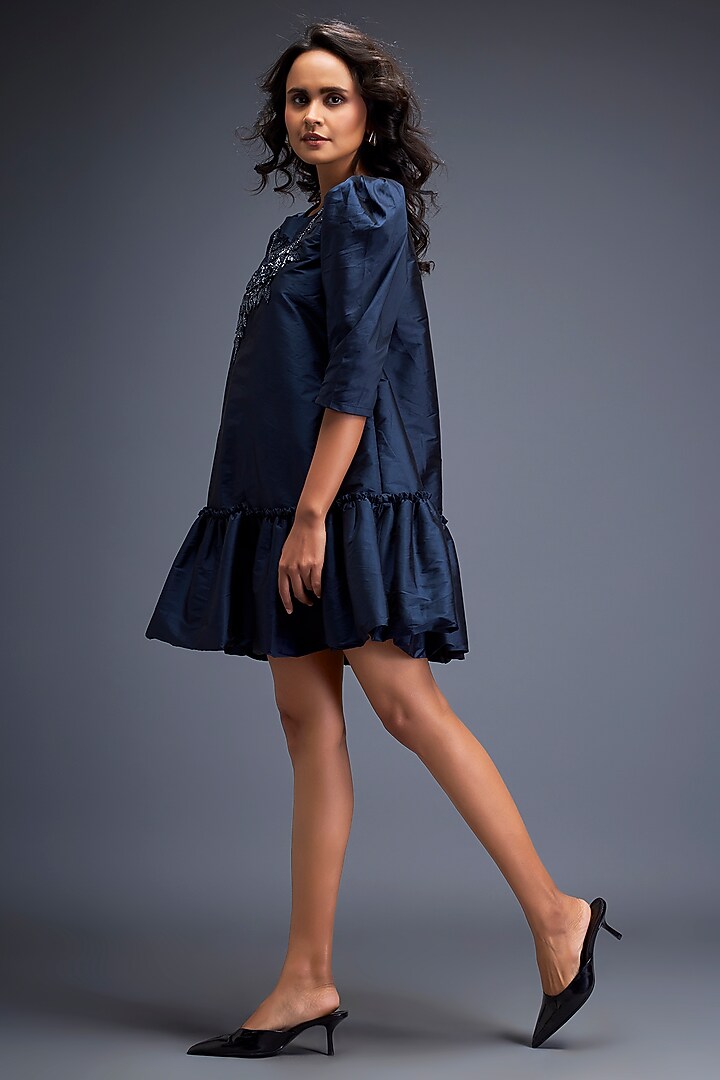 Blue Taffeta Embroidered Vacation Dress by Deepika Arora at Pernia's Pop Up Shop