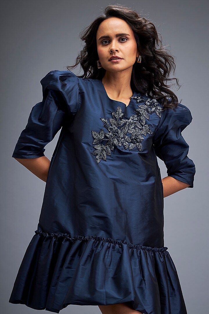 Blue Taffeta Embroidered Vacation Dress by Deepika Arora at Pernia's Pop Up Shop