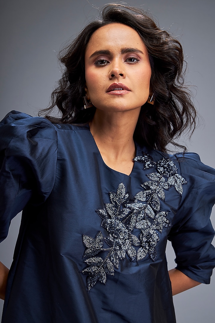 Blue Taffeta Embroidered Vacation Dress by Deepika Arora at Pernia's Pop Up Shop