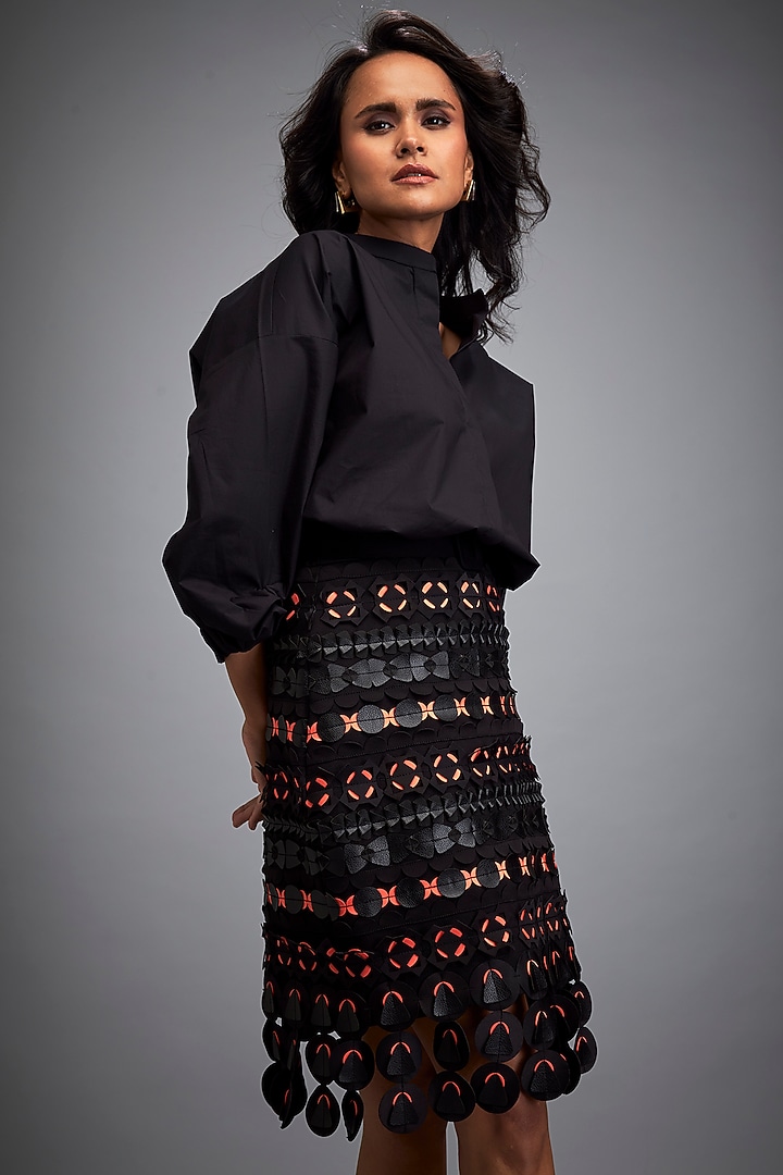 Black Ponte Roma Layered Geometric Skirt by Deepika Arora at Pernia's Pop Up Shop