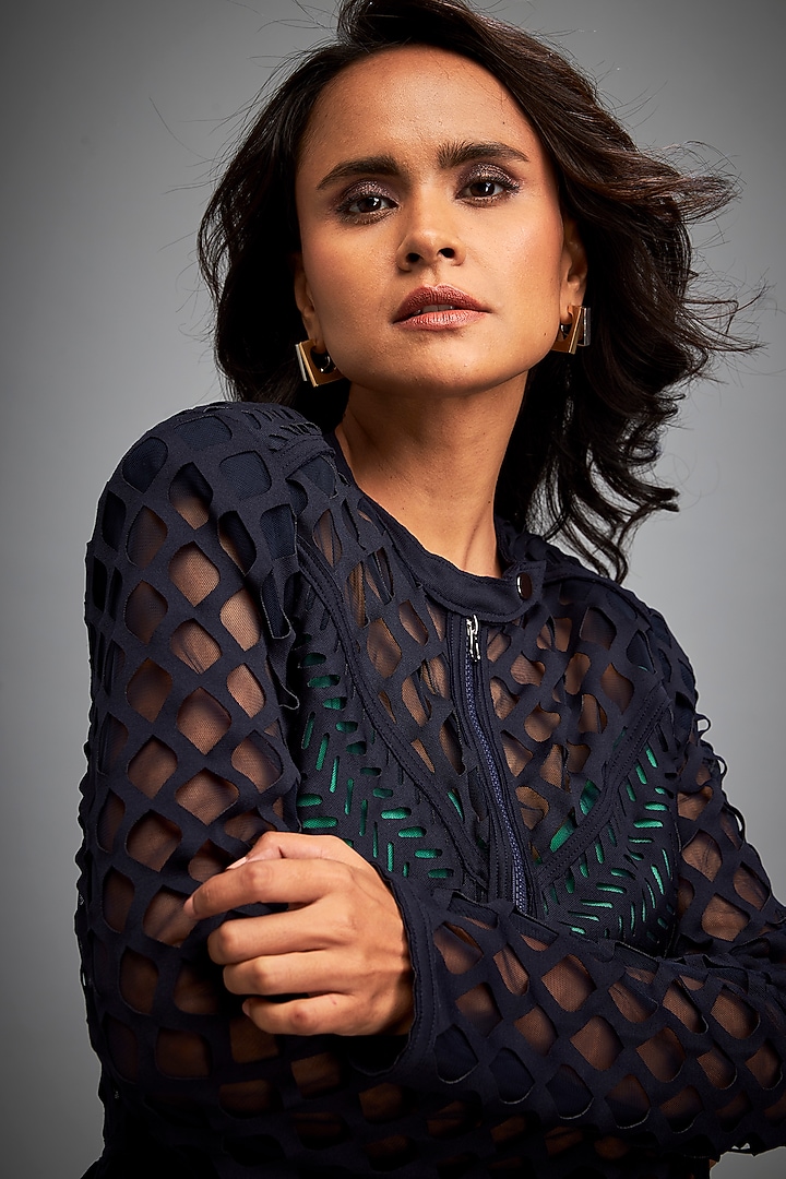 Navy Blue Ponte Roma Mesh Summer Dress by Deepika Arora at Pernia's Pop Up Shop