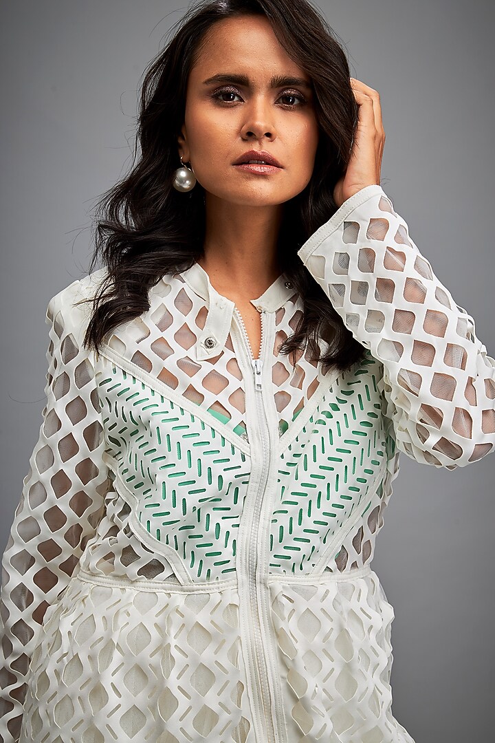 White Ponte Roma Mesh Summer Dress by Deepika Arora at Pernia's Pop Up Shop