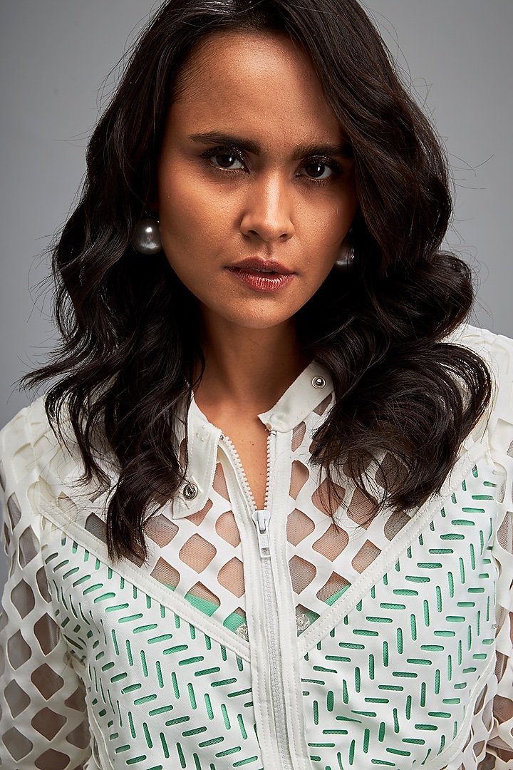 White Ponte Roma Mesh Summer Dress by Deepika Arora at Pernia's Pop Up Shop