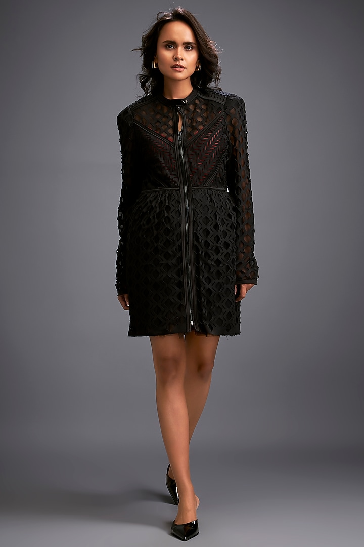 Black Ponte Roma Mesh Summer Dress by Deepika Arora at Pernia's Pop Up Shop