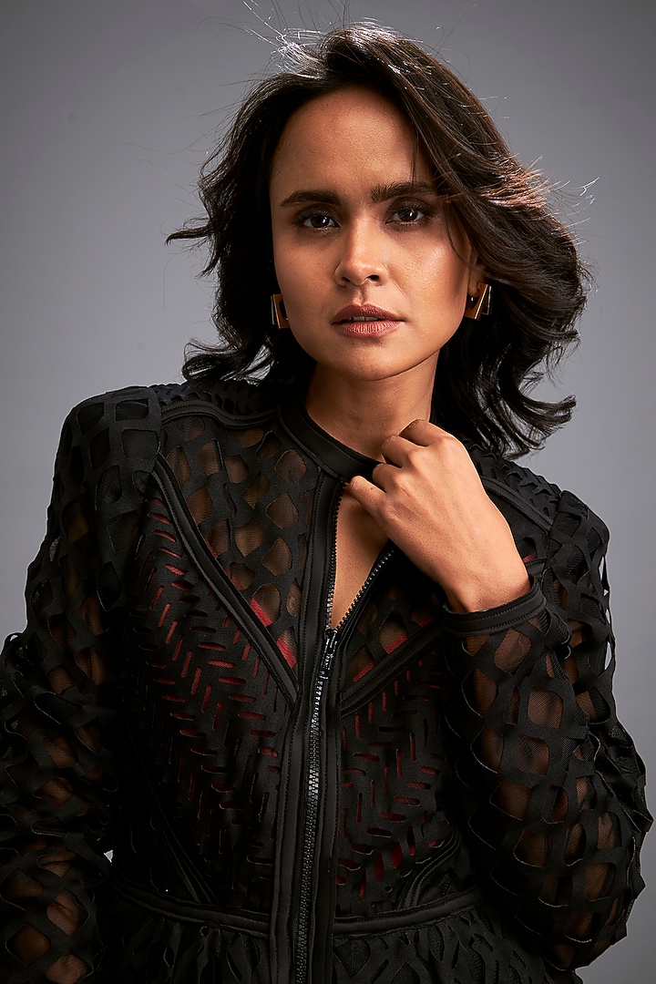 Black Ponte Roma Mesh Summer Dress by Deepika Arora at Pernia's Pop Up Shop