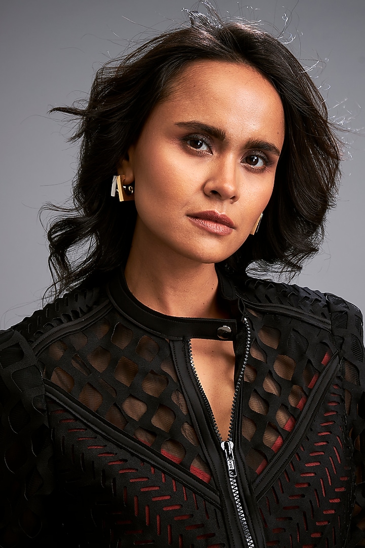 Black Ponte Roma Mesh Summer Dress by Deepika Arora at Pernia's Pop Up Shop