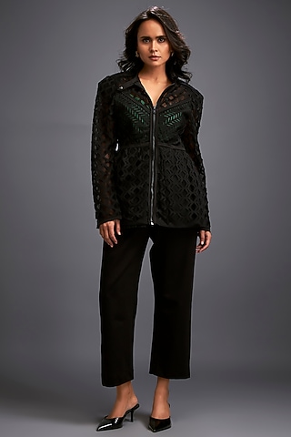 Black Ponte Roma Cut-Out Sheer Jacket by Deepika Arora