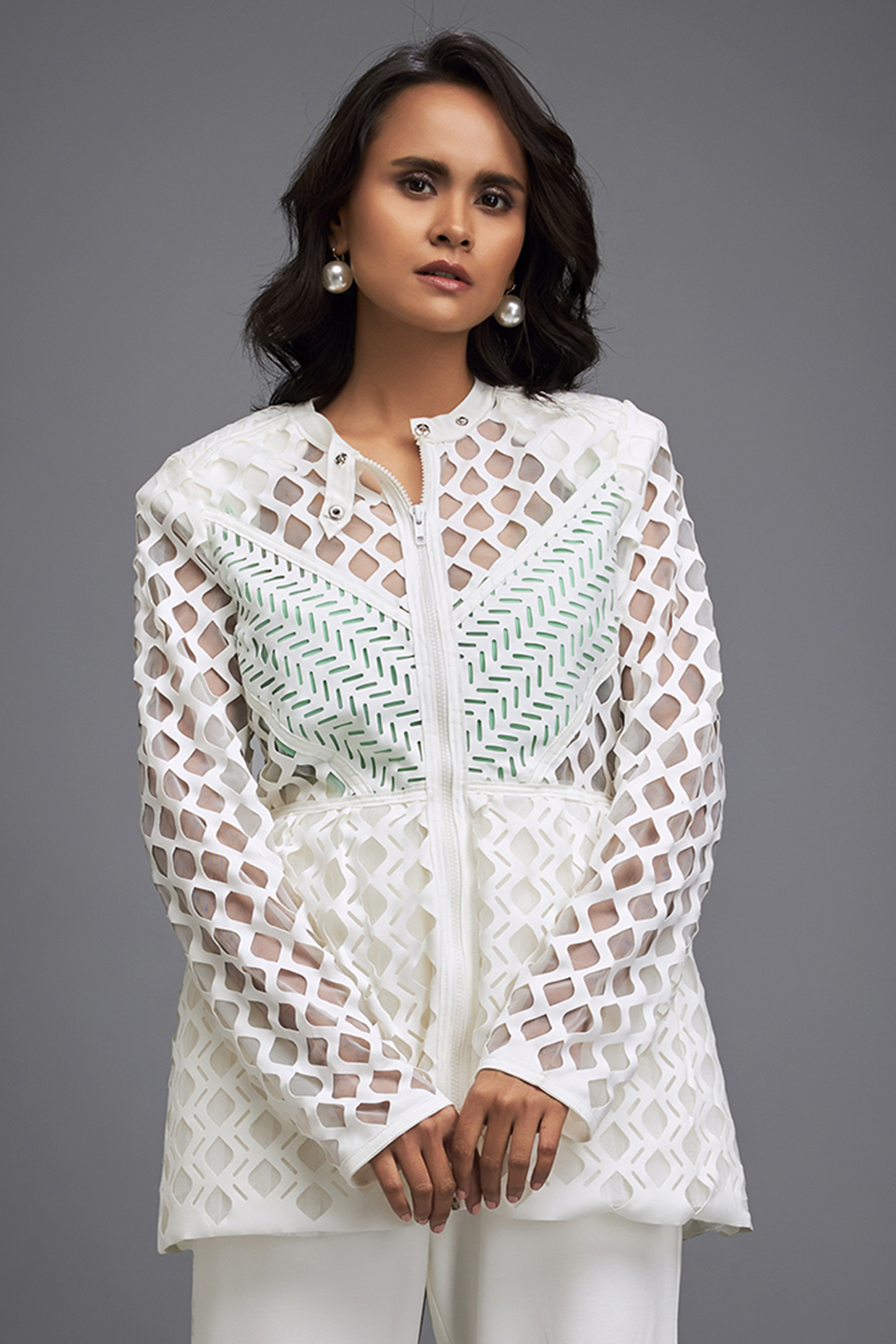 White Ponte Roma Cut-Out Sheer Jacket by Deepika Arora at Pernia's Pop Up Shop
