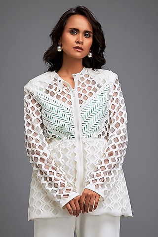 White Ponte Roma Cut-Out Sheer Jacket by Deepika Arora