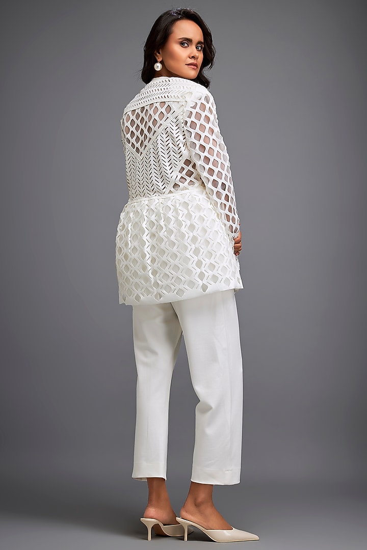 White Ponte Roma Cut-Out Sheer Jacket by Deepika Arora at Pernia's Pop Up Shop