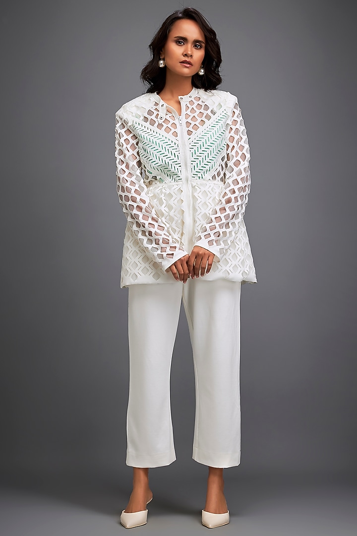 White Ponte Roma Cut-Out Sheer Jacket by Deepika Arora at Pernia's Pop Up Shop