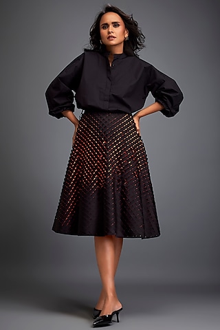 Black Vegan Leather A-Line Voluminous Skirt by Deepika Arora