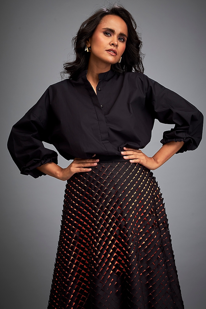 Black Vegan Leather A-Line Voluminous Skirt by Deepika Arora at Pernia's Pop Up Shop